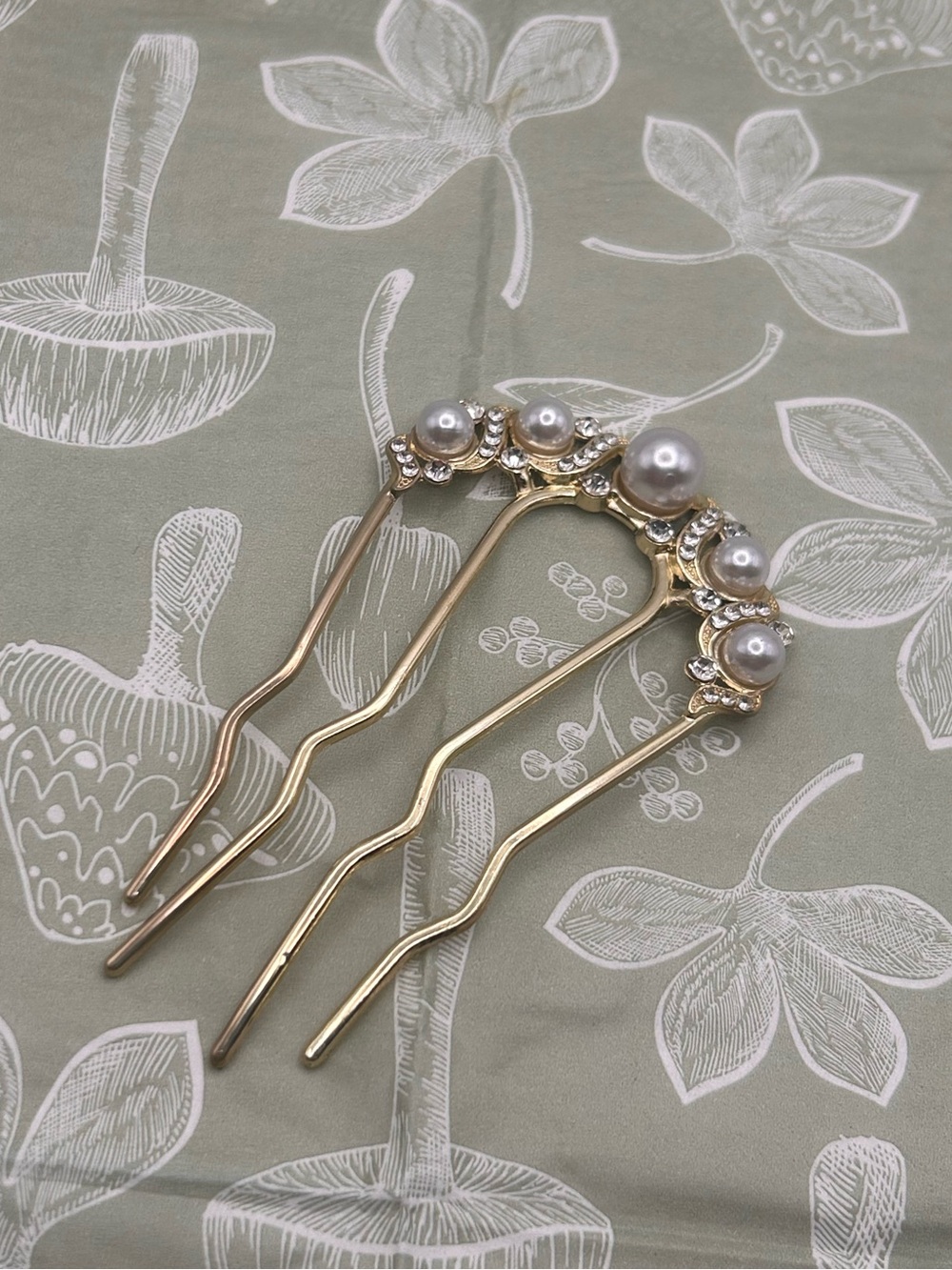Gold Tone Pearl Rhinestone Bridal Hair Comb Fork Vintage
